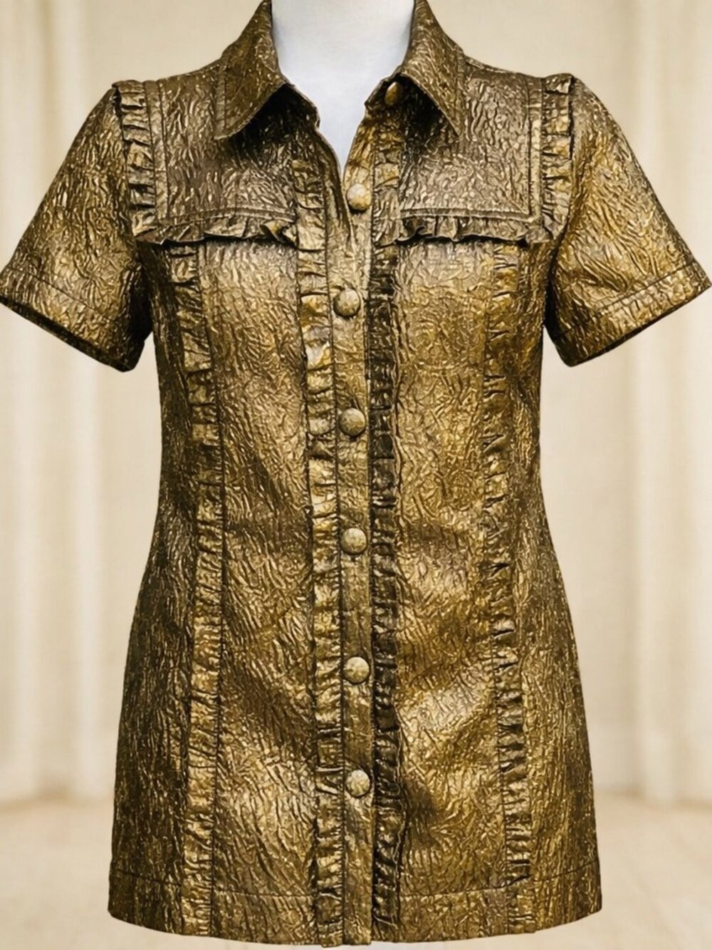 Anthropologie Metallic Gold Textured Button-Front Ruffle Detail Mini Dress